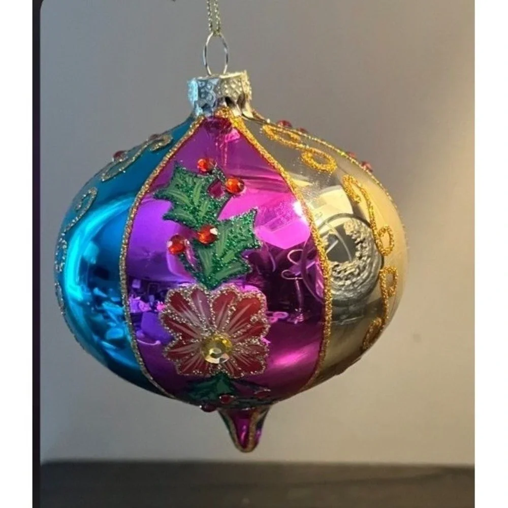 RAZ Imports Multicolor Reflector Glass Christmas Ornament Holly Floral 4.25